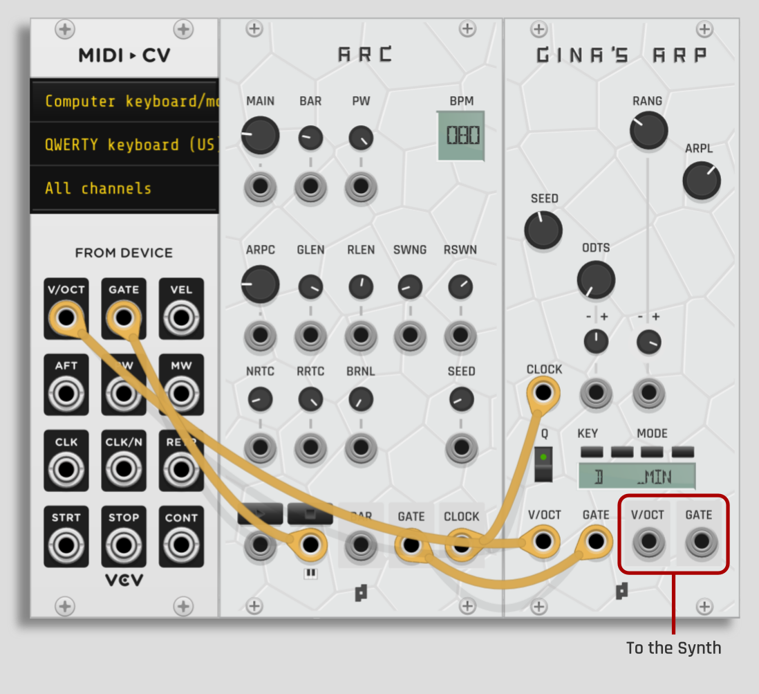 Keyboard patch  using MIDI-CV, ARC and Gina's ARP